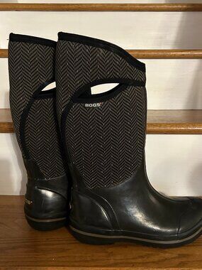 Bogs Plimsoll Herringbone Tall Rubber Rain Boots Black Grey Size 9